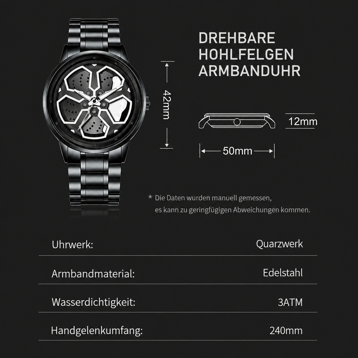 Felgenuhr "Velocity Steel" – Herren-Armbanduhr im Sportfelgen-Design mit Edelstahlarmband