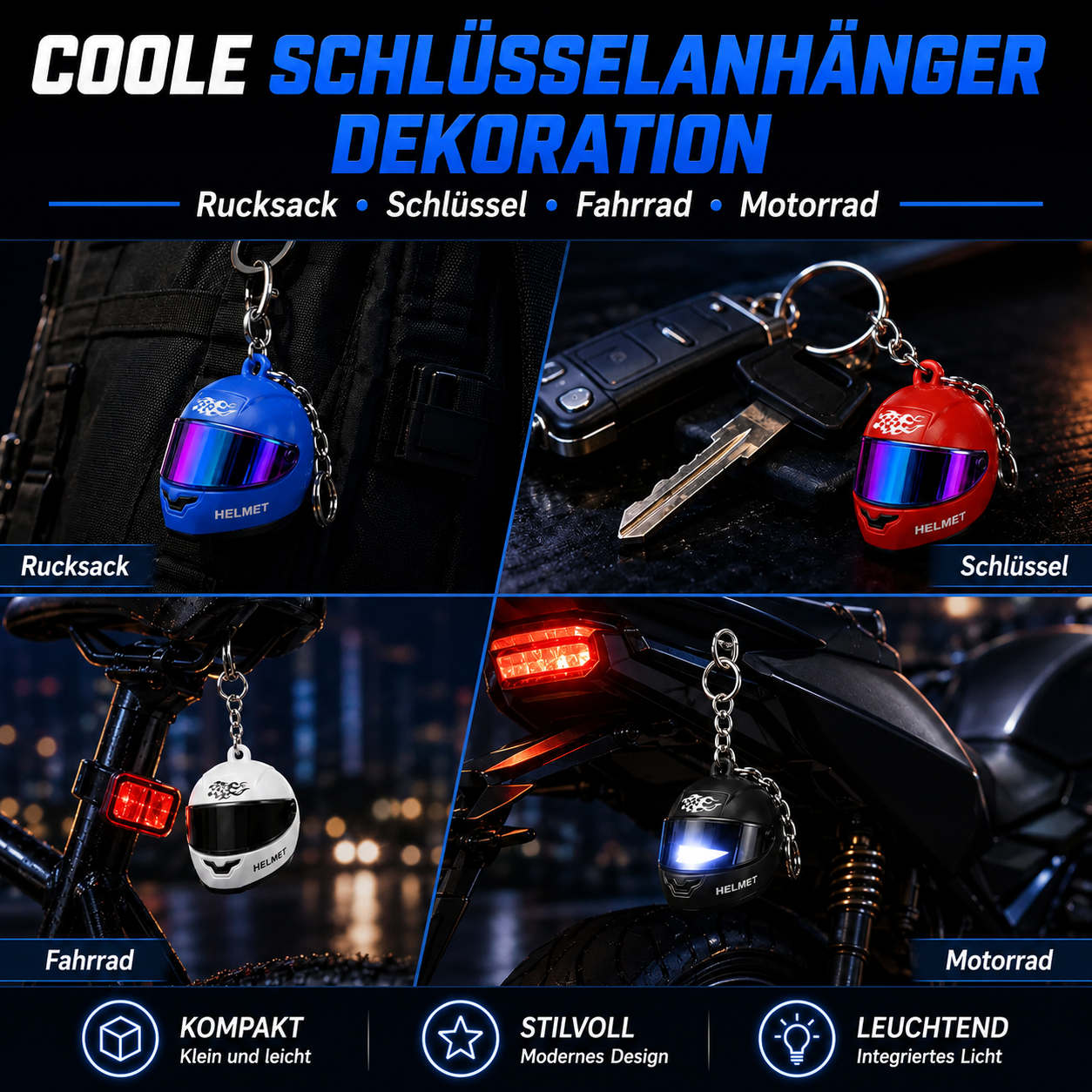 BoostTime™ Mini Motorradhelm Schlüsselanhänger LED – Leuchtender Racing Helm