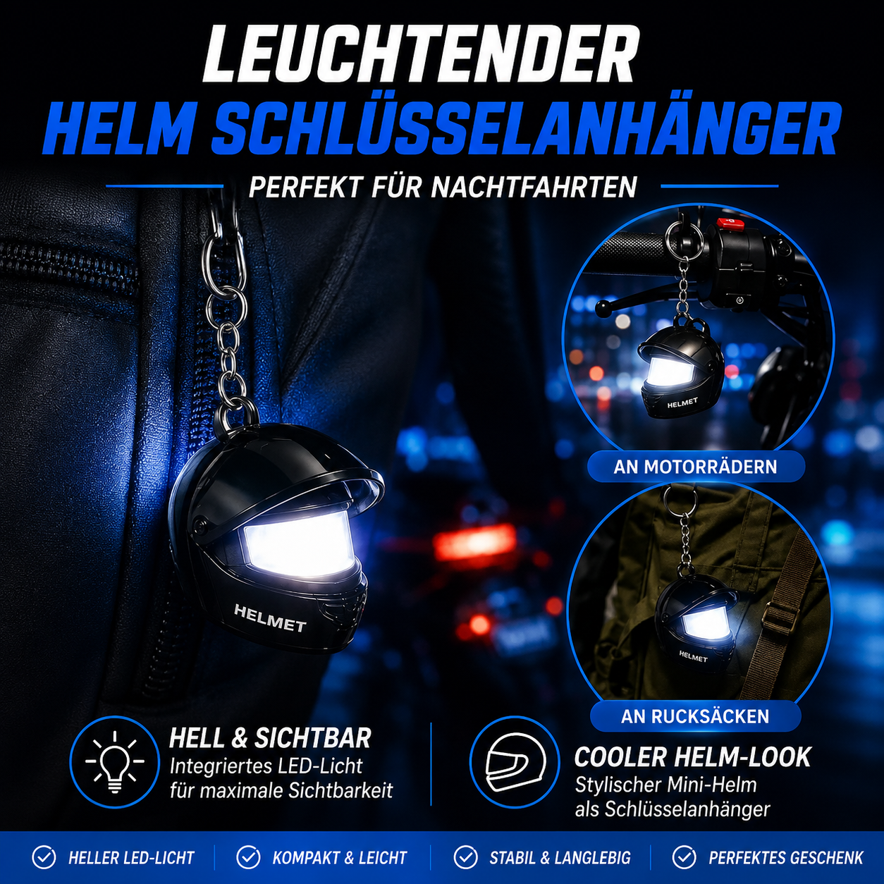 BoostTime™ Mini Motorradhelm Schlüsselanhänger LED – Leuchtender Racing Helm